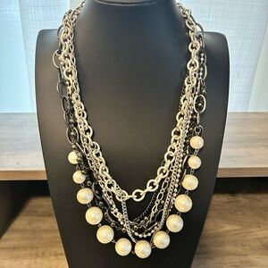 Vera Wang Multistrand Chain faux pearl Statement necklace #J22 black silver tone